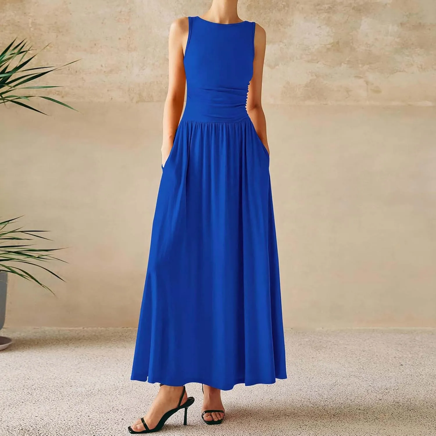 JOAU Women's Summer Tank Maxi Dress with Pockets Sleeveless A-Line Dresses Casual T-Shirt Dress Flowy Pleated Beach Sundress