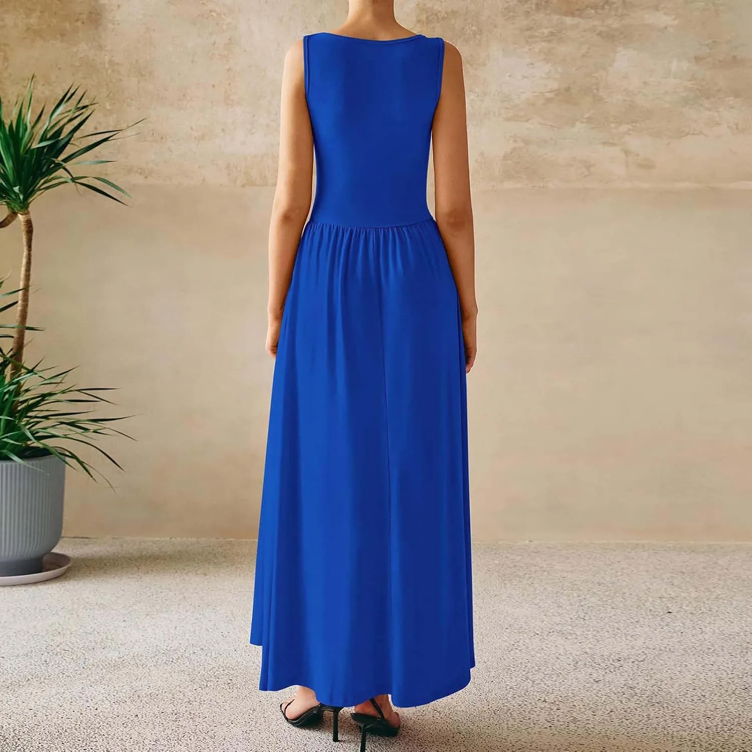 JOAU Women's Summer Tank Maxi Dress with Pockets Sleeveless A-Line Dresses Casual T-Shirt Dress Flowy Pleated Beach Sundress