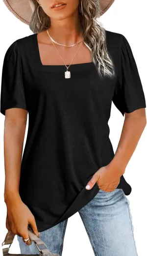 JomeDesign Womens Tops Casual Short Sleeve Square Neck Shirts Puff Sleeve Tshirts Loose Casual Blouse Summer Tee