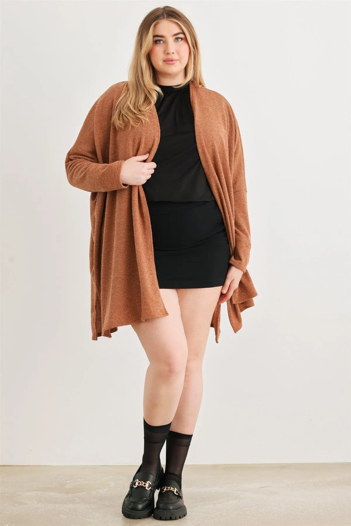 Junior Plus Camel Knit Long Sleeve Open Front Cardigan /1-2-1