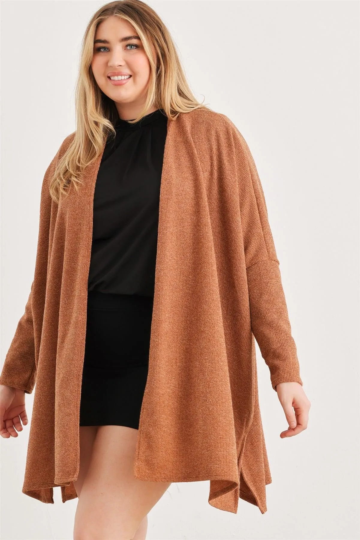 Junior Plus Camel Knit Long Sleeve Open Front Cardigan /1-2-1