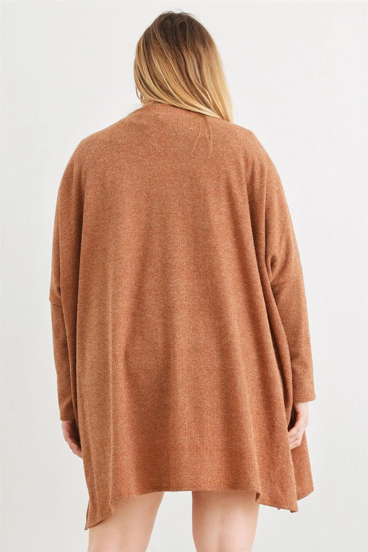 Junior Plus Camel Knit Long Sleeve Open Front Cardigan /1-2-1