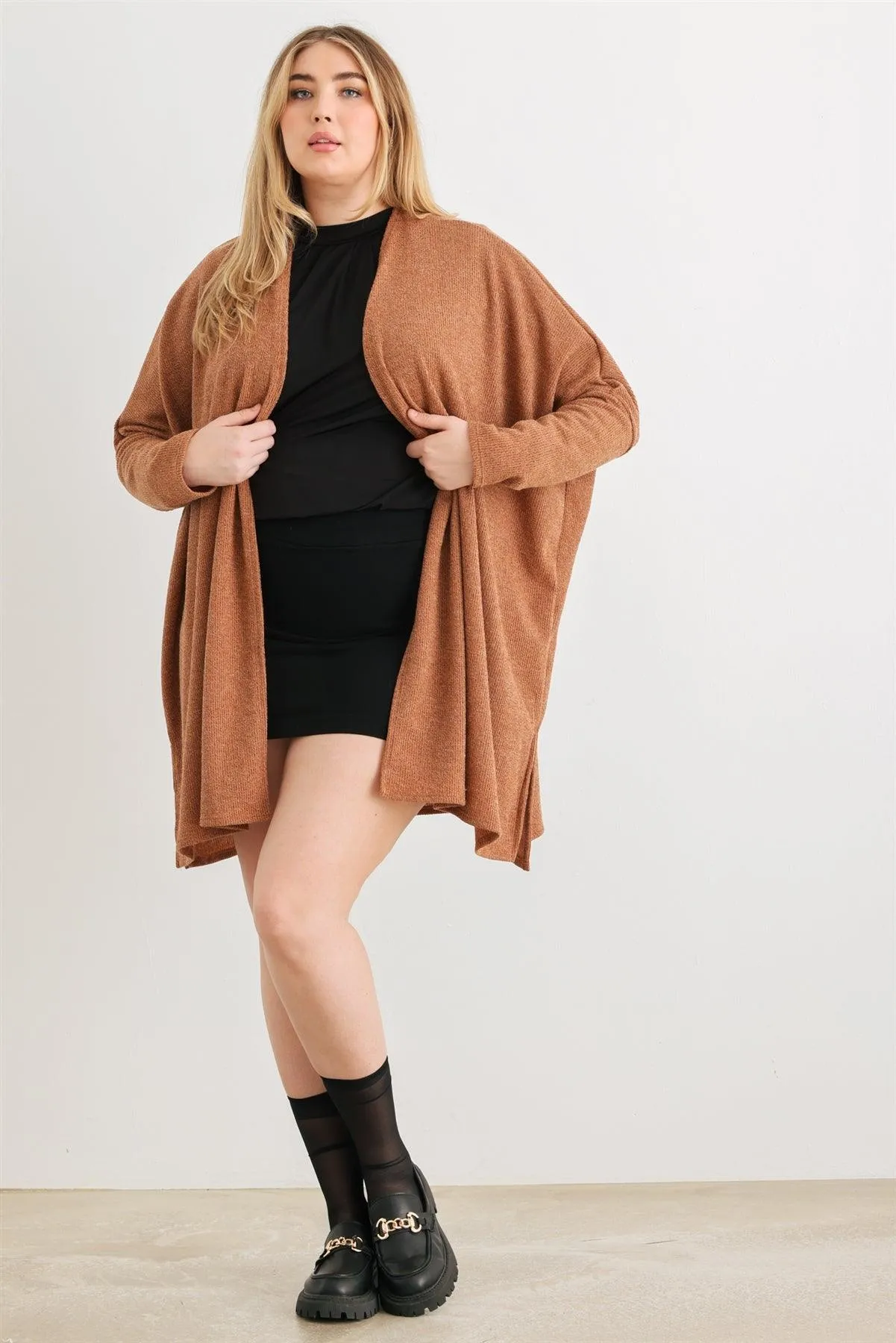 Junior Plus Camel Knit Long Sleeve Open Front Cardigan /1-2-1