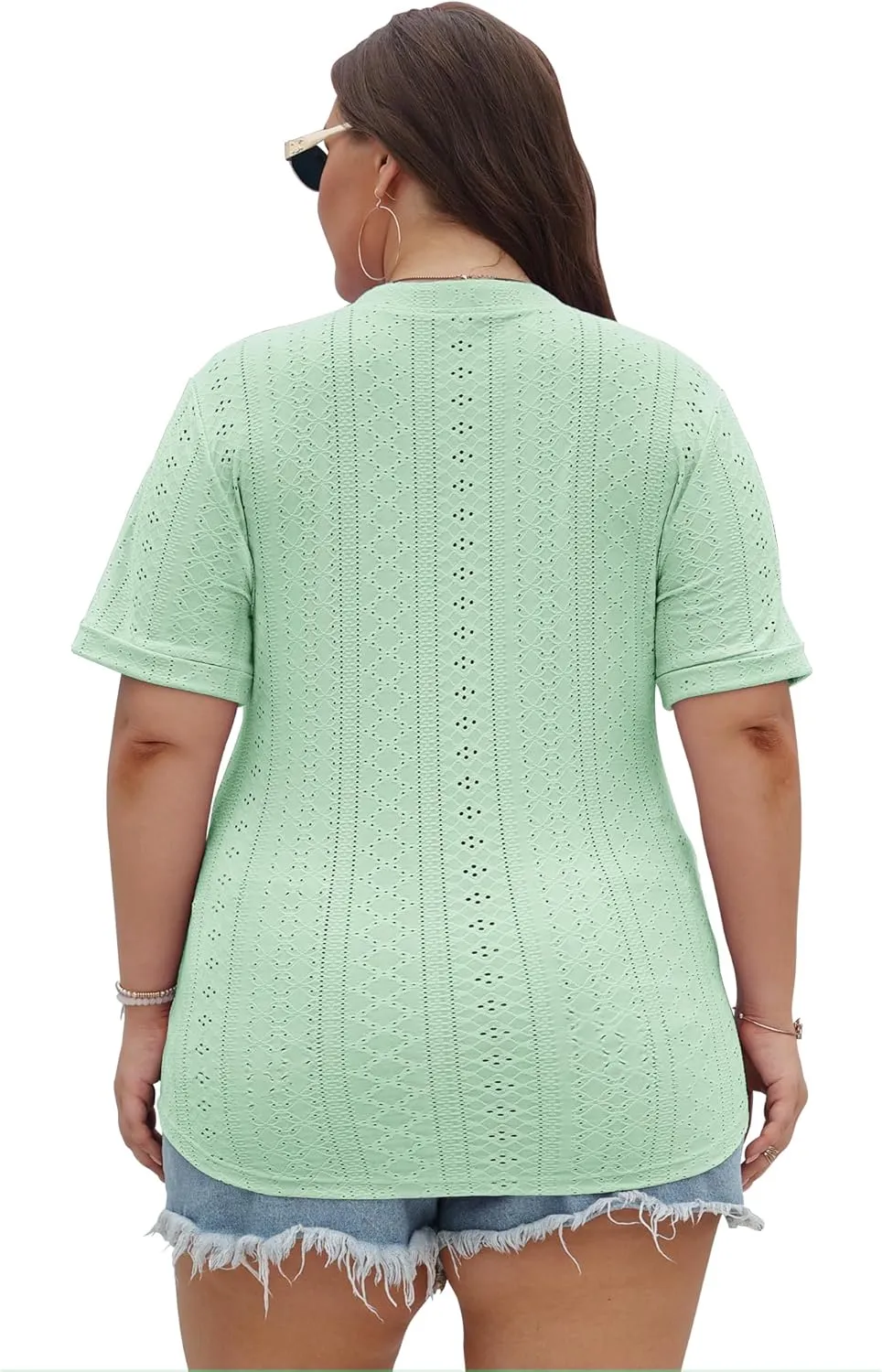 KARALIN Womens Plus Size Tops Roll Short Sleeve V Neck Perforated Buttons Up Tee