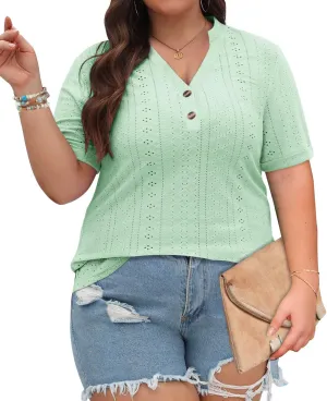 KARALIN Womens Plus Size Tops Roll Short Sleeve V Neck Perforated Buttons Up Tee