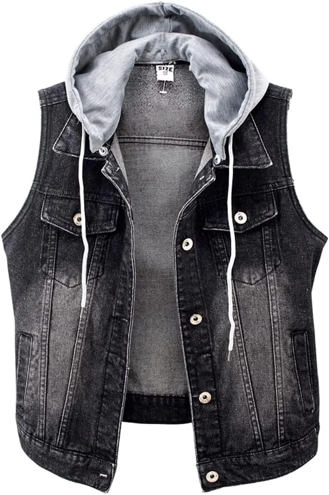 Kedera Women's Distressed Sleeveless Denim Vest with Detachable Hoodie