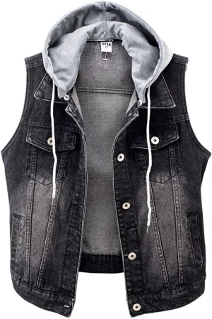 Kedera Women's Distressed Sleeveless Denim Vest with Detachable Hoodie
