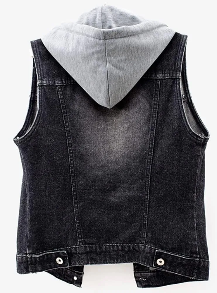 Kedera Women's Distressed Sleeveless Denim Vest with Detachable Hoodie