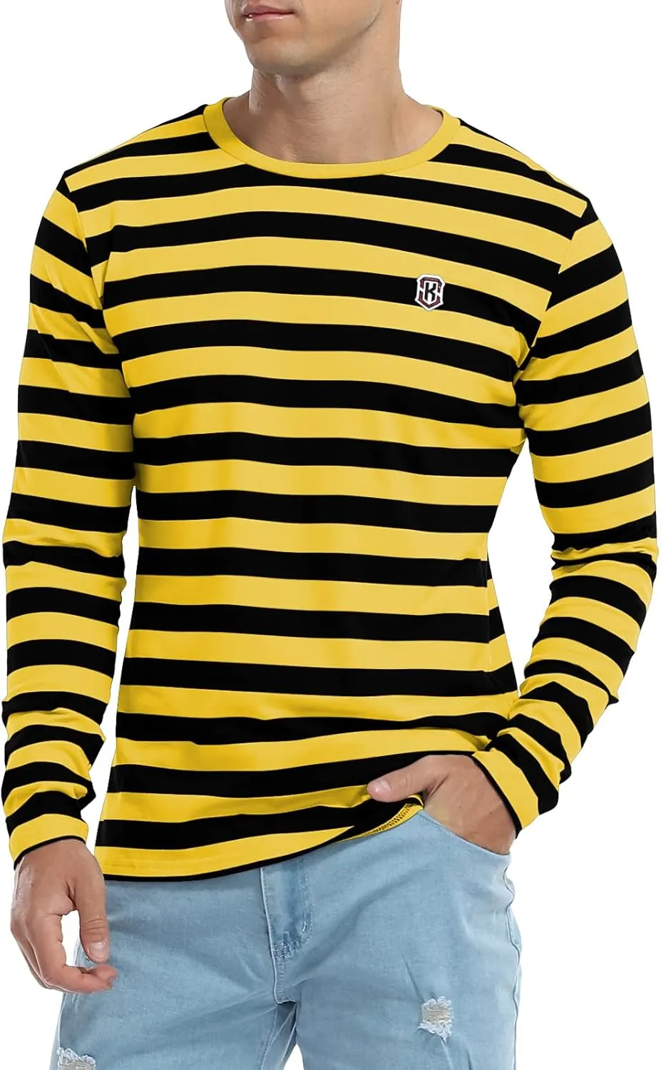 KESIHAN Men's Casual Striped Shirts Crewneck Long Sleeve Basic T-Shirt Basic Daily Work Stripe Tee Tops