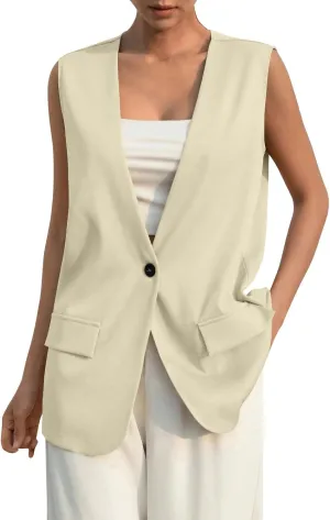 KIKX0DE Women Fall Fashion Sleeveless Blazer Jackets Lightweight Single Button Waistcoat Open Front Work Office Vest Top