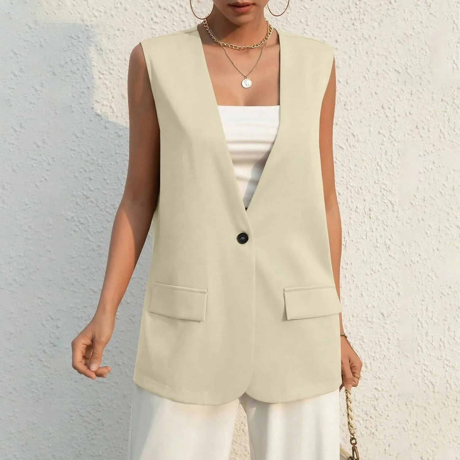 KIKX0DE Women Fall Fashion Sleeveless Blazer Jackets Lightweight Single Button Waistcoat Open Front Work Office Vest Top