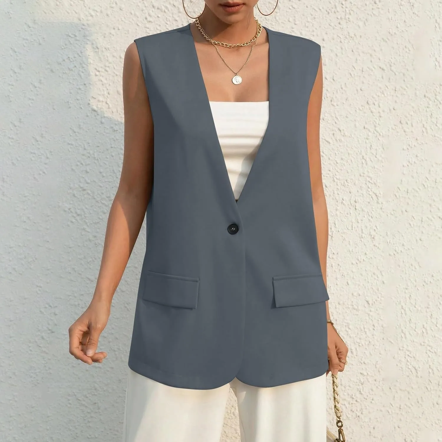 KIKX0DE Women Fall Fashion Sleeveless Blazer Jackets Lightweight Single Button Waistcoat Open Front Work Office Vest Top
