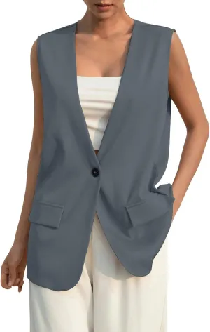 KIKX0DE Women Fall Fashion Sleeveless Blazer Jackets Lightweight Single Button Waistcoat Open Front Work Office Vest Top