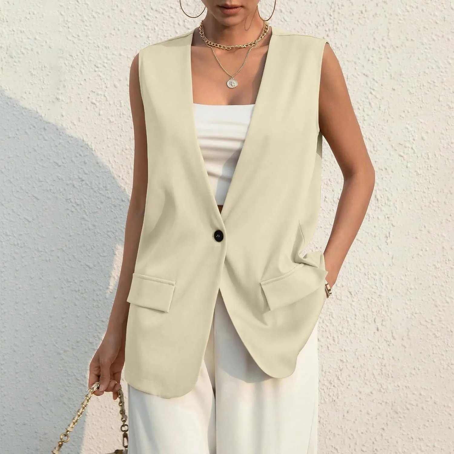KIKX0DE Women Fall Fashion Sleeveless Blazer Jackets Lightweight Single Button Waistcoat Open Front Work Office Vest Top