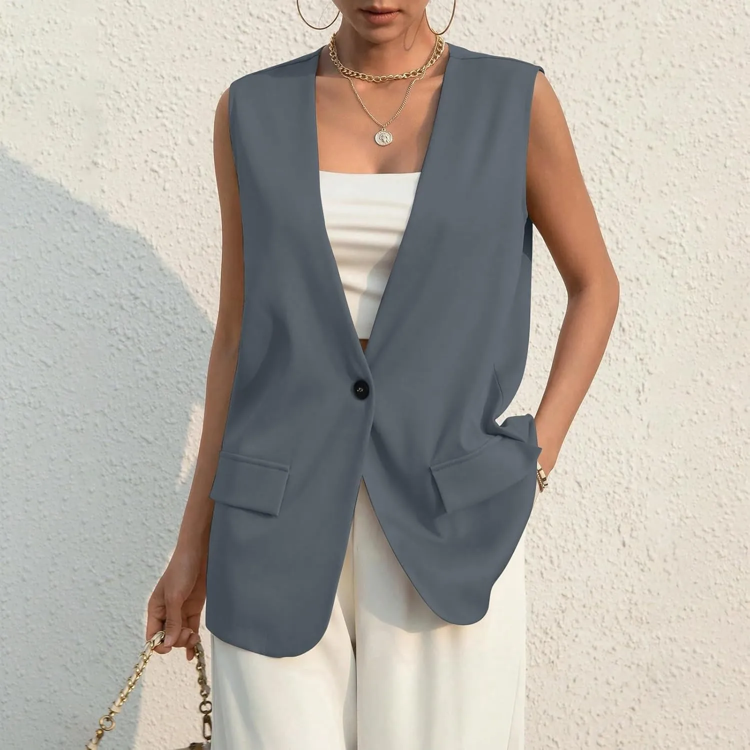 KIKX0DE Women Fall Fashion Sleeveless Blazer Jackets Lightweight Single Button Waistcoat Open Front Work Office Vest Top
