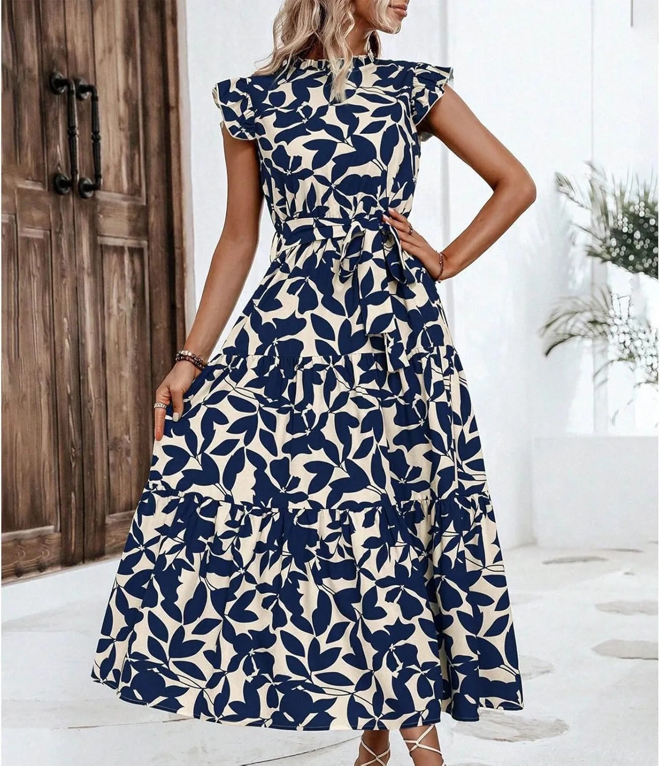 Lastesso Sundresses for Women 2024 Ruffle Cap Sleeve High Neck Dresses Trendy Printing Tie Summer Long Dress with Tie Waist