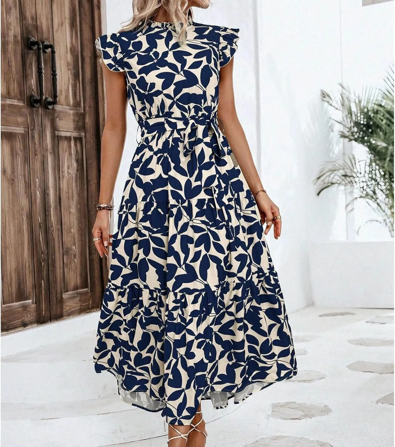 Lastesso Sundresses for Women 2024 Ruffle Cap Sleeve High Neck Dresses Trendy Printing Tie Summer Long Dress with Tie Waist