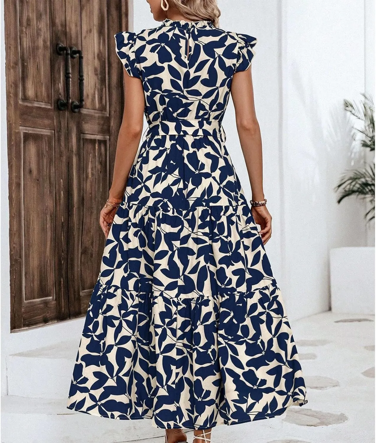 Lastesso Sundresses for Women 2024 Ruffle Cap Sleeve High Neck Dresses Trendy Printing Tie Summer Long Dress with Tie Waist