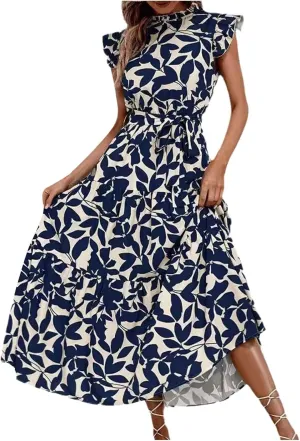 Lastesso Sundresses for Women 2024 Ruffle Cap Sleeve High Neck Dresses Trendy Printing Tie Summer Long Dress with Tie Waist