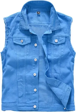 Lazutom Men's Sleeveless Denim Vest Casual Slim Fit Ripped Classic Button Down Jean Jacket