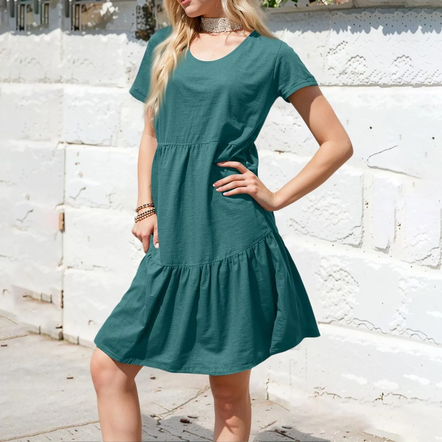 lcyhony Summer Dresses for Women 2025 Vacation Beach Short Sleeve Tshirt Dress Y2k Loose fit Scoop Neck Tiered Mini Sundress