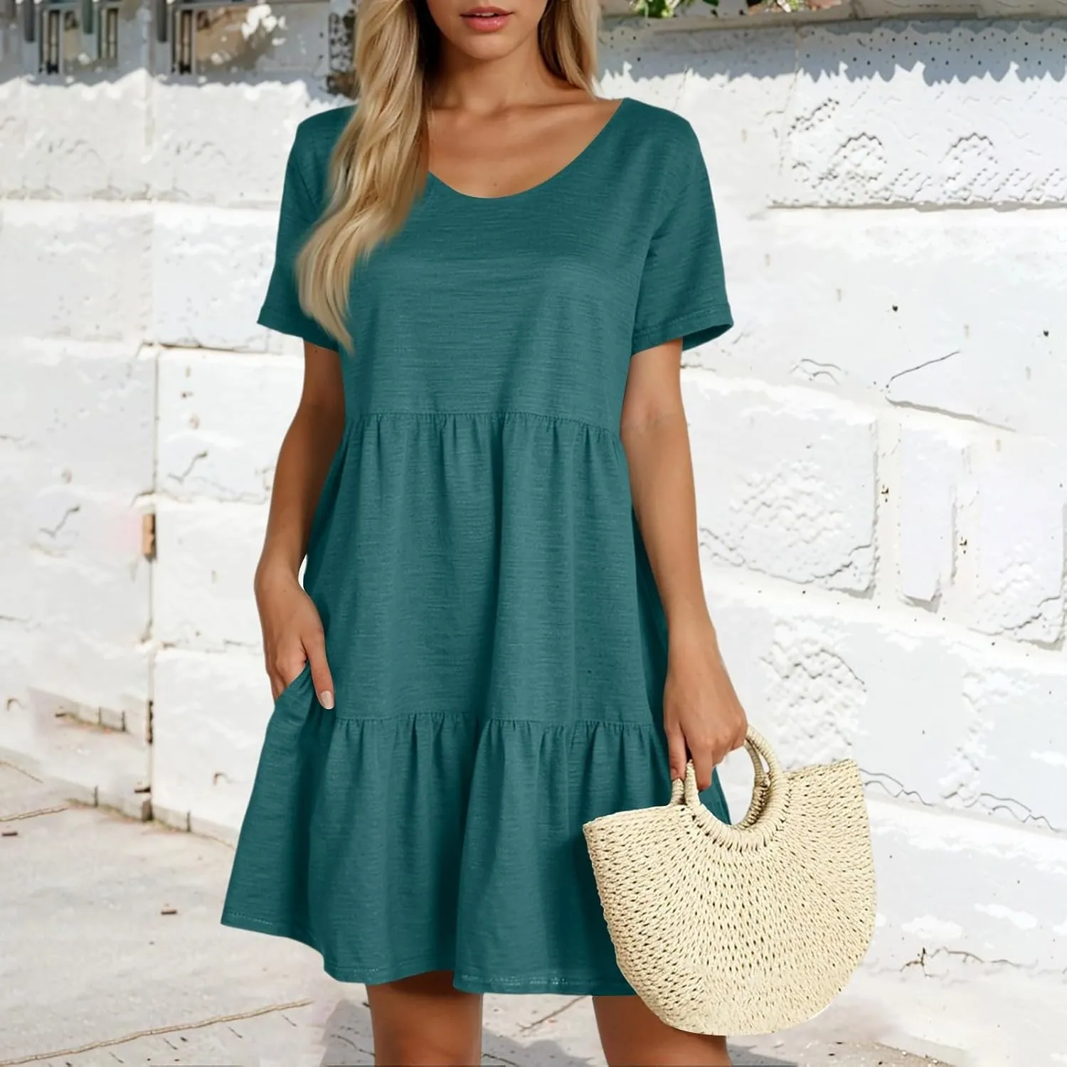lcyhony Summer Dresses for Women 2025 Vacation Beach Short Sleeve Tshirt Dress Y2k Loose fit Scoop Neck Tiered Mini Sundress