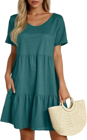lcyhony Summer Dresses for Women 2025 Vacation Beach Short Sleeve Tshirt Dress Y2k Loose fit Scoop Neck Tiered Mini Sundress