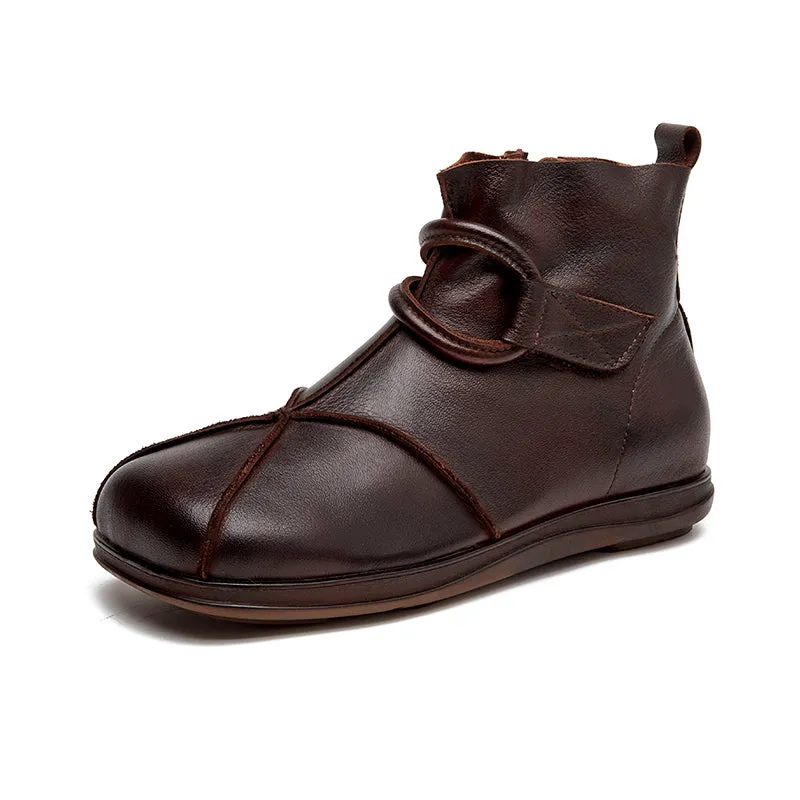 Leather Vintage Boots For Women Soft Ankle Boots Round Toe Leather Barefoot Shoes in Coffee