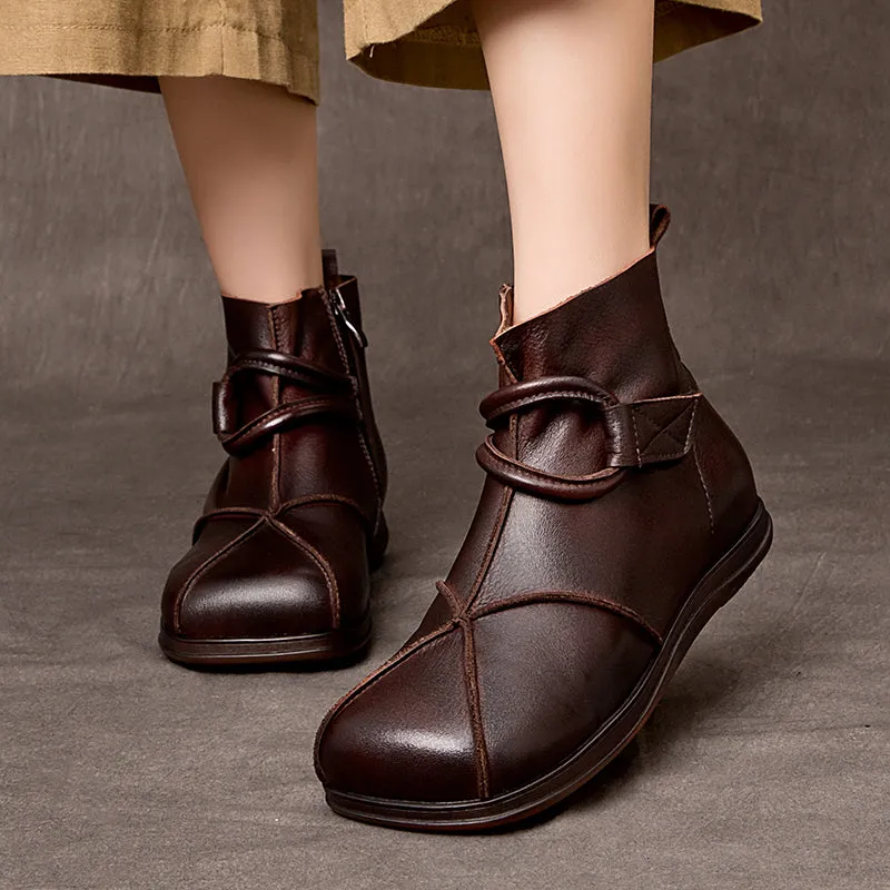 Leather Vintage Boots For Women Soft Ankle Boots Round Toe Leather Barefoot Shoes in Coffee
