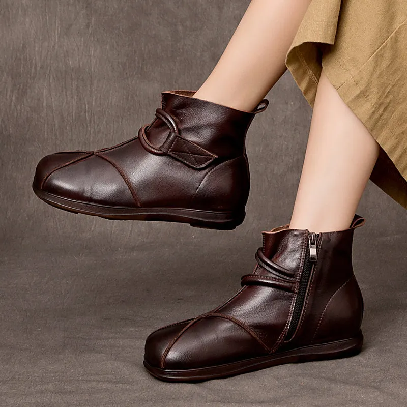 Leather Vintage Boots For Women Soft Ankle Boots Round Toe Leather Barefoot Shoes in Coffee