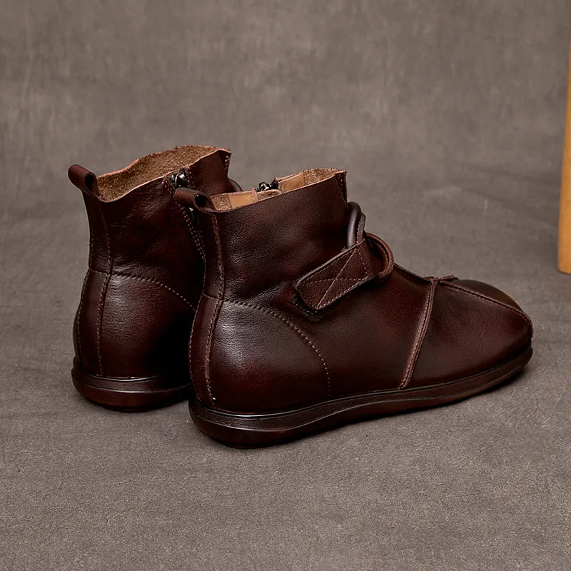 Leather Vintage Boots For Women Soft Ankle Boots Round Toe Leather Barefoot Shoes in Coffee