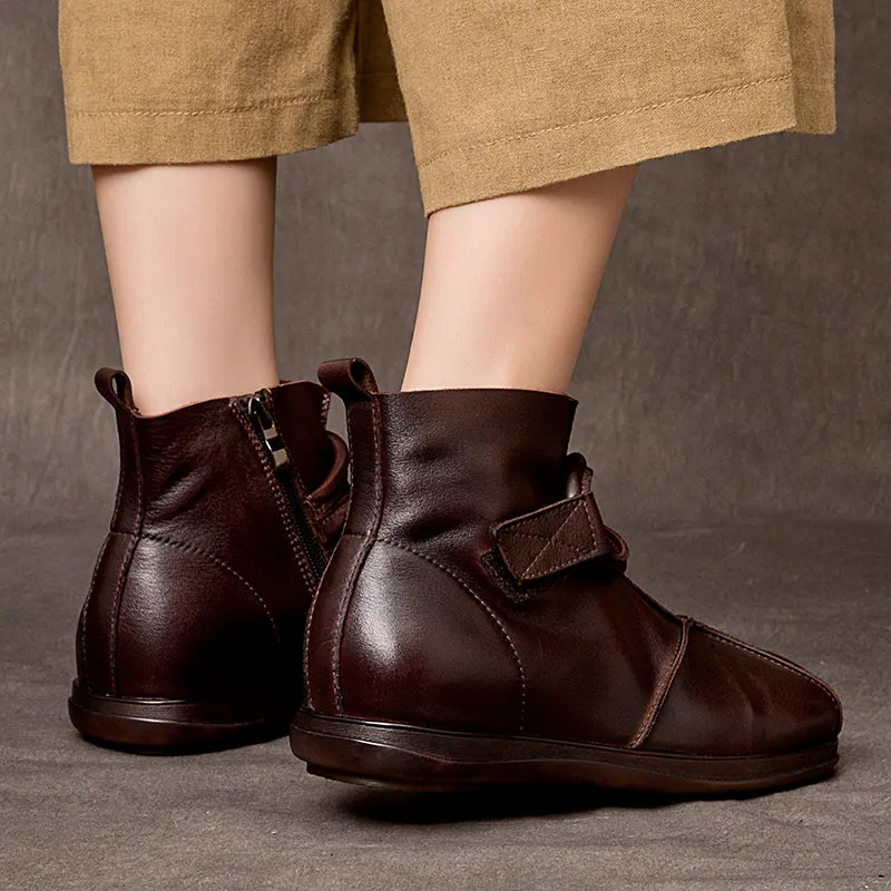 Leather Vintage Boots For Women Soft Ankle Boots Round Toe Leather Barefoot Shoes in Coffee