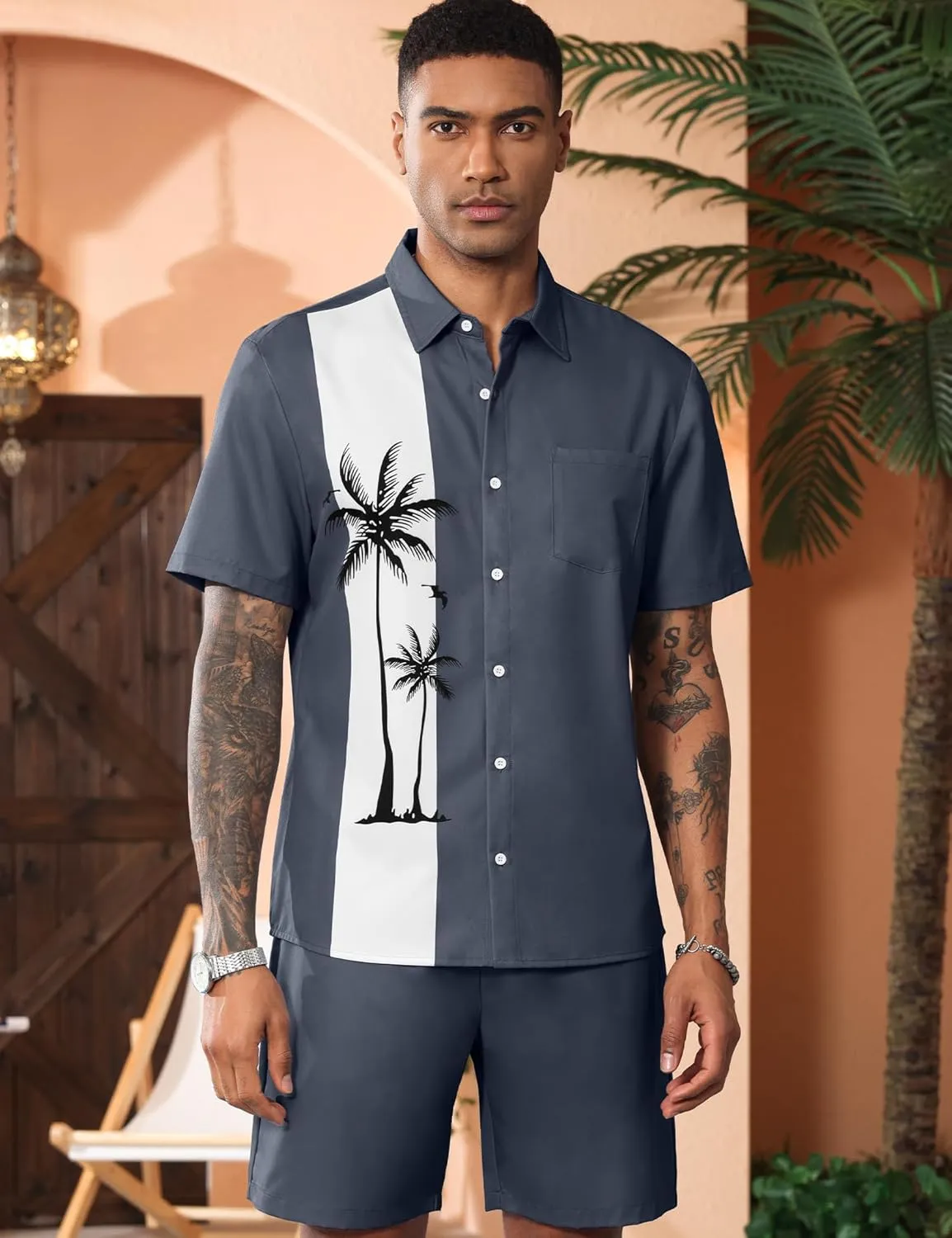 LecGee Men's Hawaiian Shirts Sets Button Down Coconut Tree Hawaiian Shirt Shorts 2 Piece Hawaiian Outfits