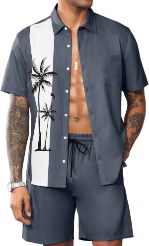LecGee Men's Hawaiian Shirts Sets Button Down Coconut Tree Hawaiian Shirt Shorts 2 Piece Hawaiian Outfits