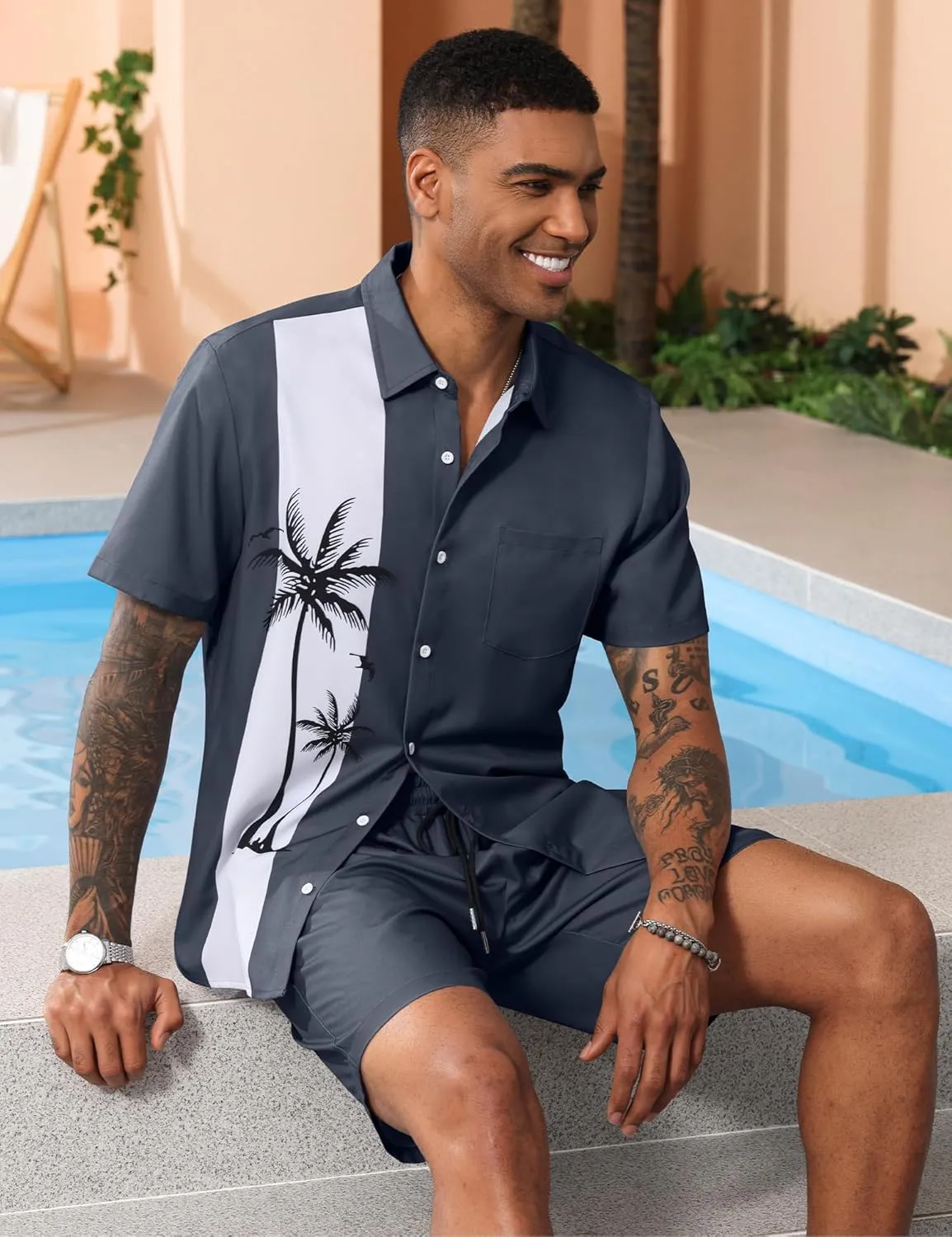 LecGee Men's Hawaiian Shirts Sets Button Down Coconut Tree Hawaiian Shirt Shorts 2 Piece Hawaiian Outfits