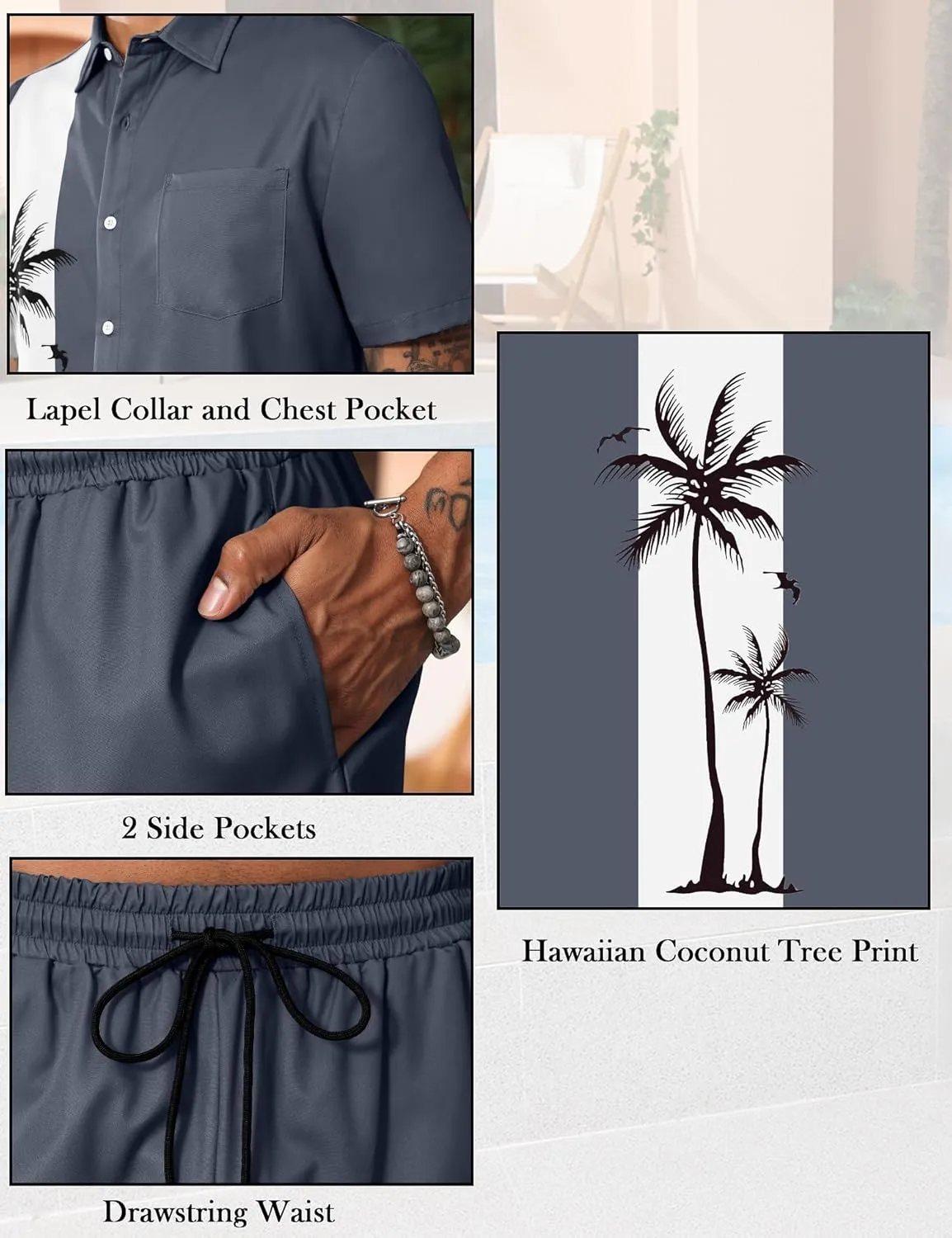 LecGee Men's Hawaiian Shirts Sets Button Down Coconut Tree Hawaiian Shirt Shorts 2 Piece Hawaiian Outfits