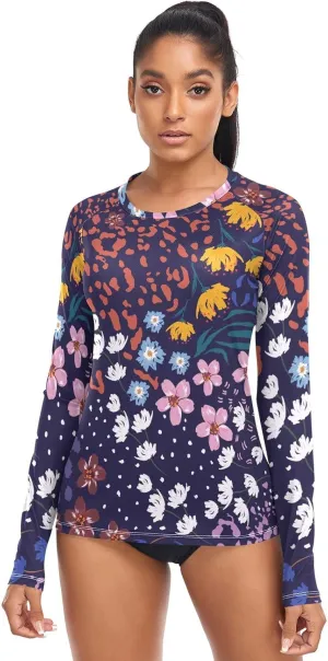 Leopard Print Women's Rash Guard Shirts Long Sleeve Swim Shirt for Women UV Sun Protection Quick Dry Swimsuit Sun Shirt