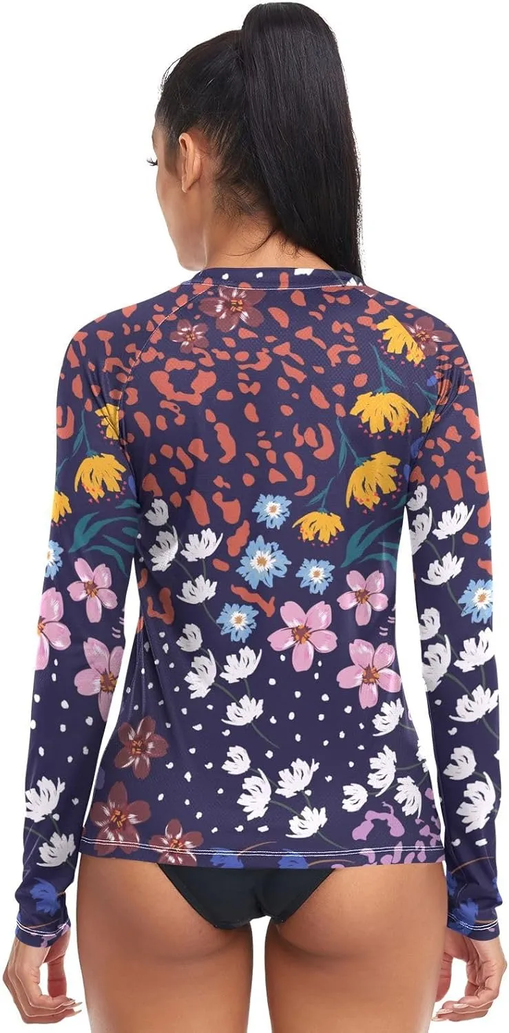 Leopard Print Women's Rash Guard Shirts Long Sleeve Swim Shirt for Women UV Sun Protection Quick Dry Swimsuit Sun Shirt