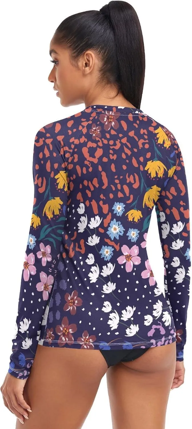 Leopard Print Women's Rash Guard Shirts Long Sleeve Swim Shirt for Women UV Sun Protection Quick Dry Swimsuit Sun Shirt