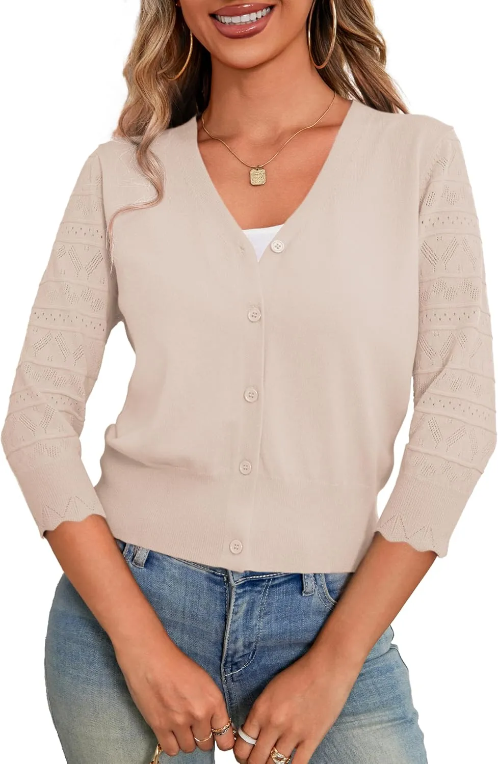 LIENRIDY Women's Crochet Cropped Cardigans Sweaters 3/4 Sleeve Open Front Bolero Shrugs, S-XL