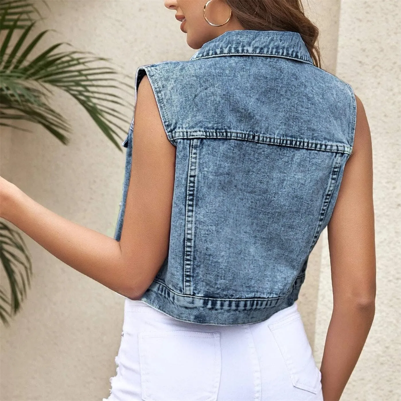 LifeShe Cropped Denim Vest Women Distressed Sleeveless Jean Jacket Casual Spread Collar Button Down Waistcoat