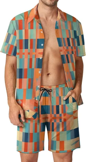 Light Colored Pattern Mens Swimsuit 2 Pieces Set Quick Dry Shorts Shirts Summer Button Down Short Sleeve Set