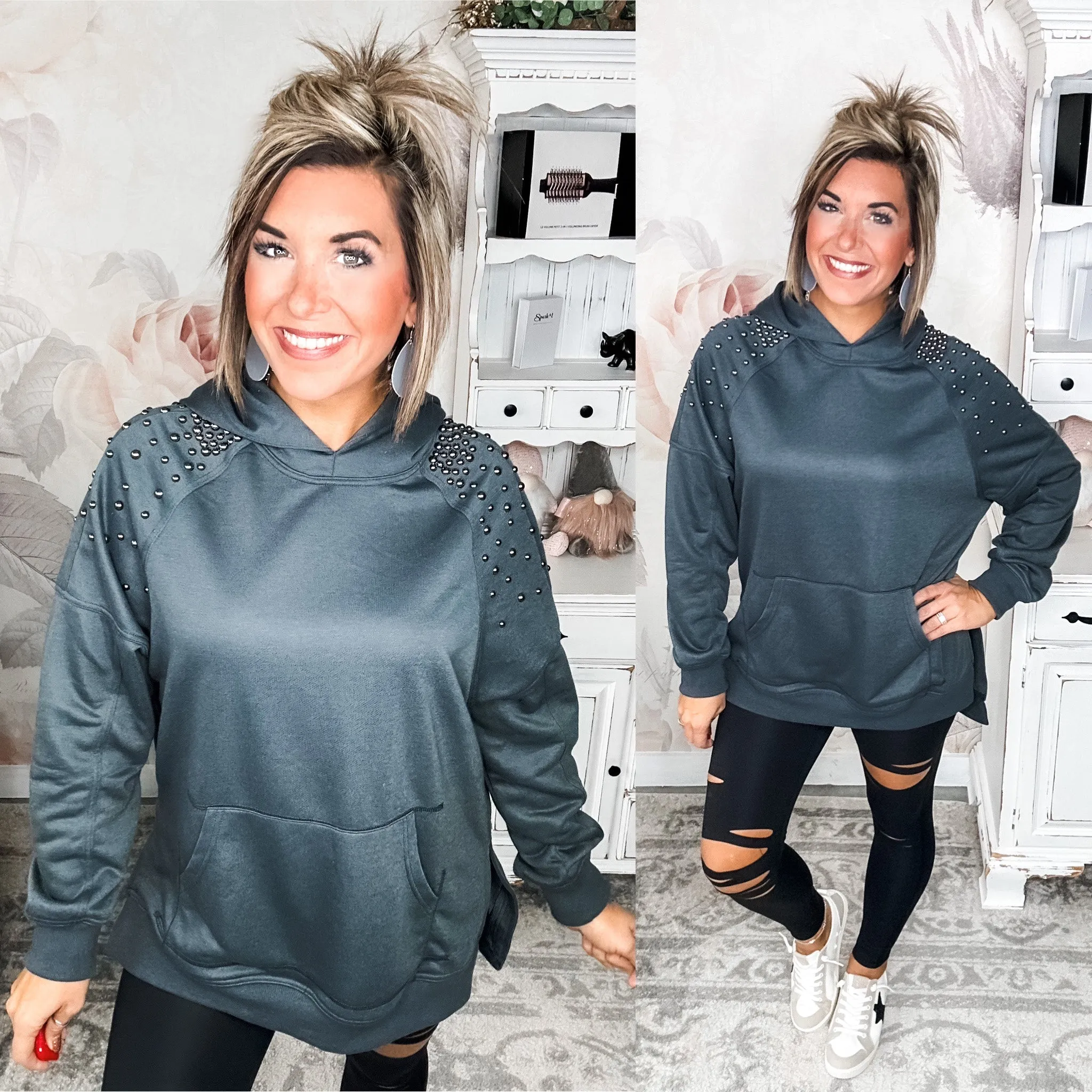 Like It Like That Studded Sweatshirt - Charcoal