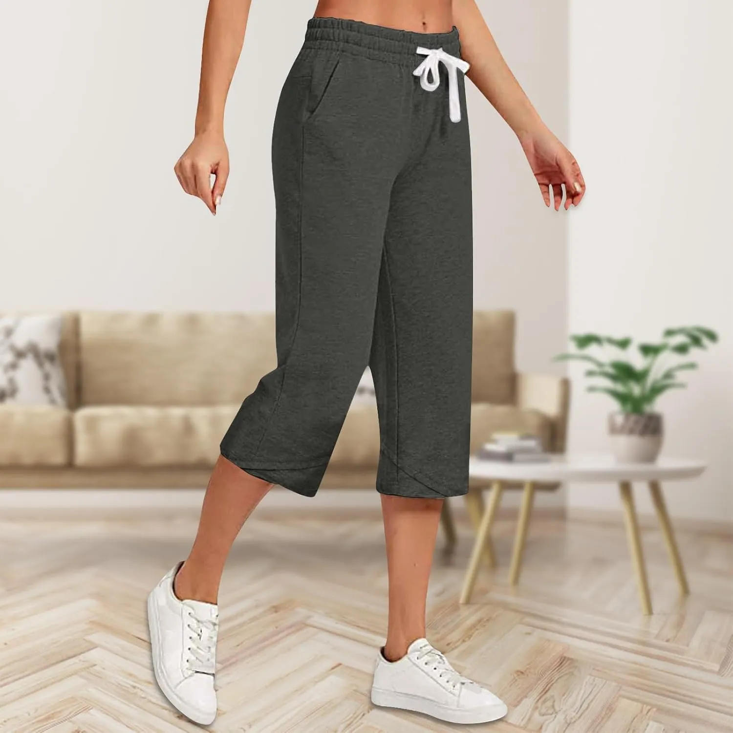 Linen Capri Pants Women Plus Size Elastic Waist Drawstring Wide Leg Cropped Lounge Trousers Summer Beach Pant Outfits