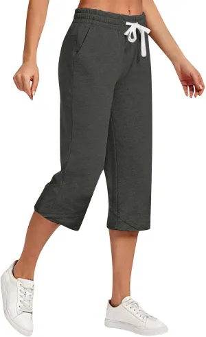 Linen Capri Pants Women Plus Size Elastic Waist Drawstring Wide Leg Cropped Lounge Trousers Summer Beach Pant Outfits