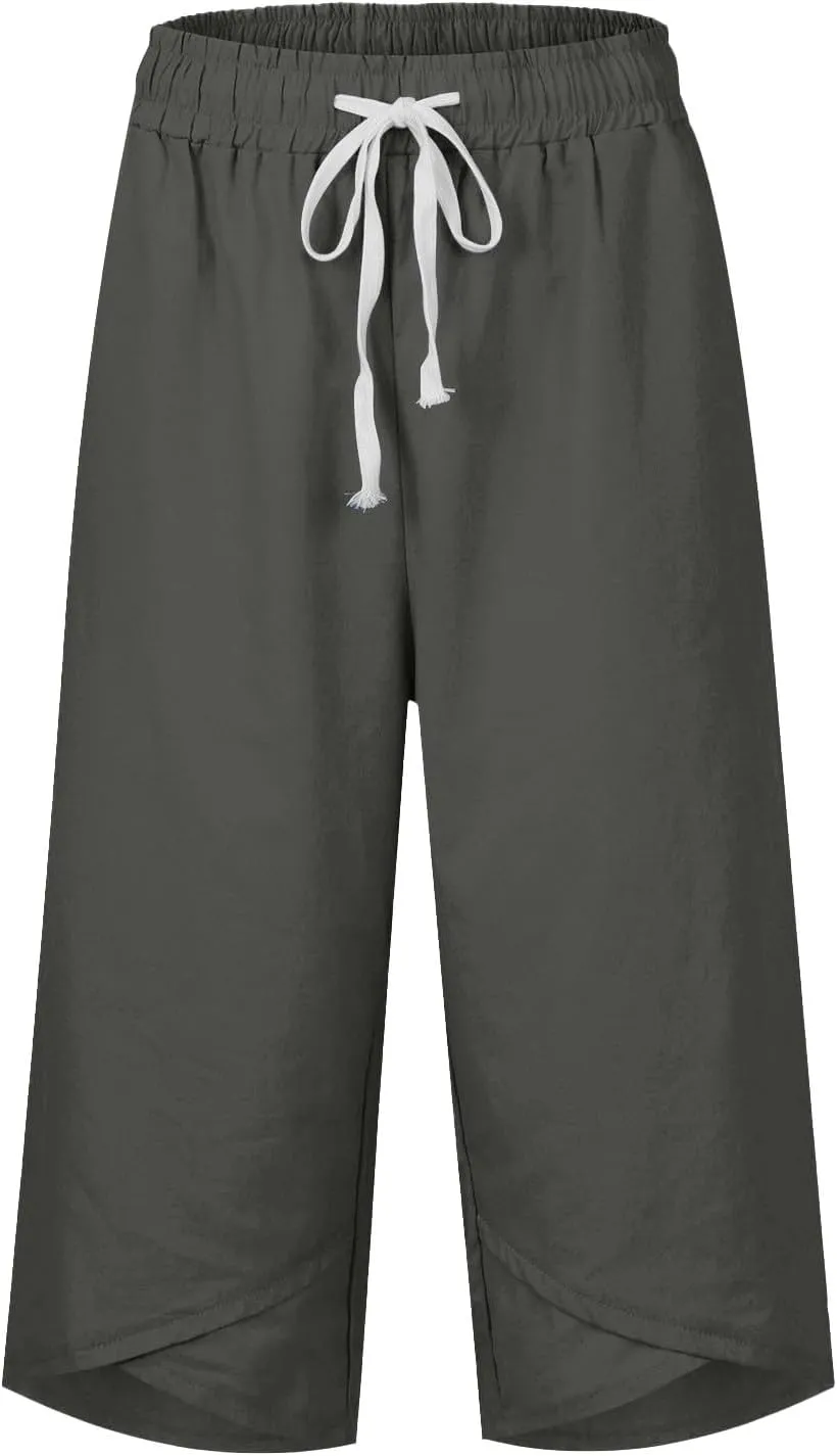 Linen Capri Pants Women Plus Size Elastic Waist Drawstring Wide Leg Cropped Lounge Trousers Summer Beach Pant Outfits
