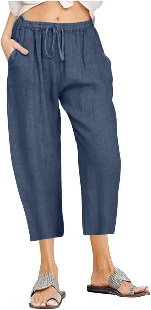 Linen Capris Pants for Women Summer Drawstring Elastic High Waist Linen Pant Straight Wide Leg Cropped Trouser Pants