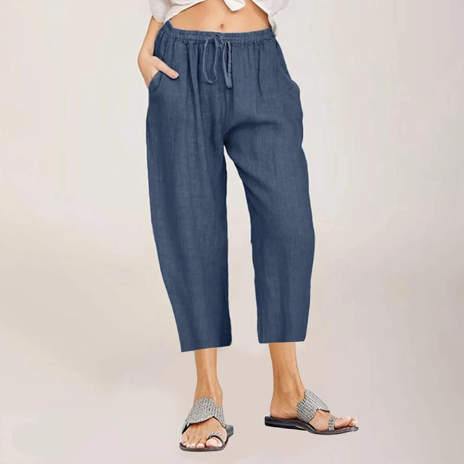 Linen Capris Pants for Women Summer Drawstring Elastic High Waist Linen Pant Straight Wide Leg Cropped Trouser Pants