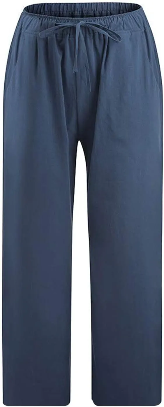 Linen Capris Pants for Women Summer Drawstring Elastic High Waist Linen Pant Straight Wide Leg Cropped Trouser Pants