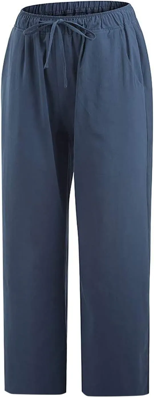 Linen Capris Pants for Women Summer Drawstring Elastic High Waist Linen Pant Straight Wide Leg Cropped Trouser Pants
